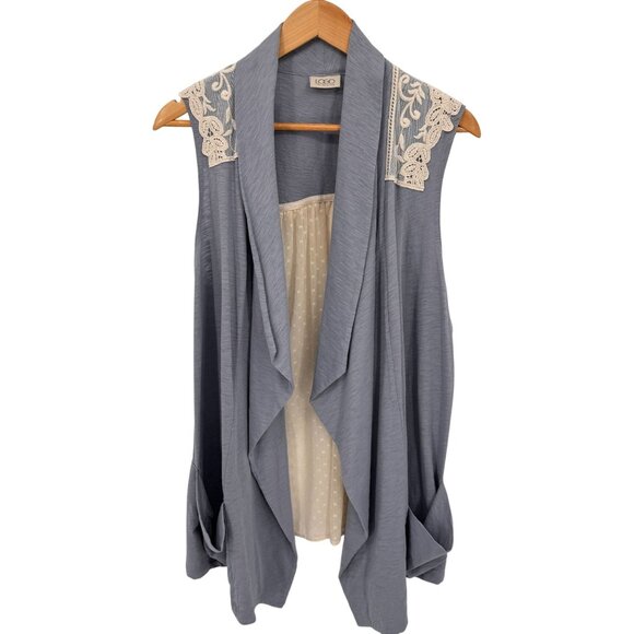 LOGO Cardigan Vest Womens XL Blue Cotton Cream Swiss Dot‎ Lace-Trimmed Back - Picture 1 of 9